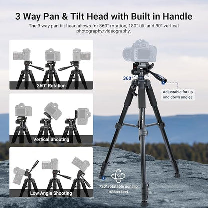 NEEWER Basics Camera Tripod, 74" Tripod with Cell Phone Holder Mount Compatible with iPhone for Video Recording, Professional Aluminum Lightweight Portable Travel Stand with 3 Way Pan Tilt Head, TP56