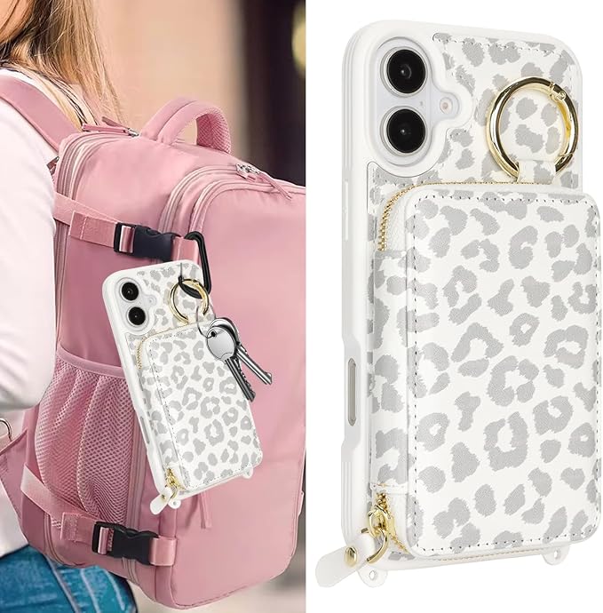 Crossbody Wallet Case for iPhone 17, PU Leather Zipper Handbag Purse Flip Cover, Kickstand Folio Case with Card Slots Holder Wrist Strap Lanyard 5G 6.3 Inch-White Leopard