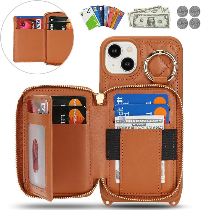 Crossbody Wallet Case for iPhone 14 Plus, PU Leather Zipper Handbag Purse Flip Cover, Kickstand Folio Case with Card Slots Holder Wrist Strap Lanyard 5G 6.7 Inch-Brown
