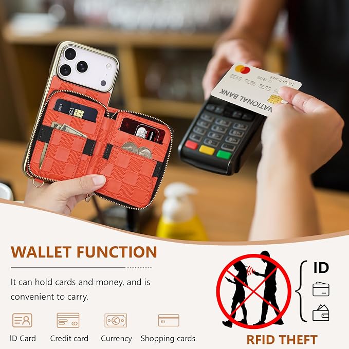 Keallce for iPhone 17 Pro Max 6.9'' Wallet Case, Crossbody Zipper Purse with 4 Card Slots RFID Blocking, Lanyards & Wrist Straps, Flip Leather Folio Cover with Kickstand for iPhone 17 Pro Max, Orange