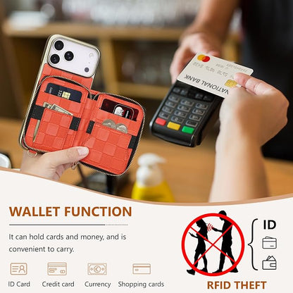 Keallce for iPhone 17 Pro Max 6.9'' Wallet Case, Crossbody Zipper Purse with 4 Card Slots RFID Blocking, Lanyards & Wrist Straps, Flip Leather Folio Cover with Kickstand for iPhone 17 Pro Max, Orange