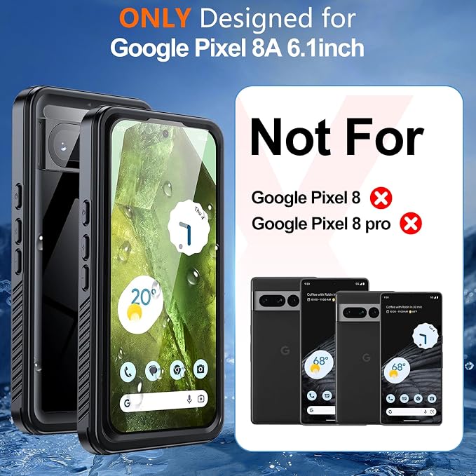 Hualele Pixel 8a Case Waterproof, Built in Lens & Screen Protector Rugged Full Body Heavy Duty Protective Shockproof IP68 Underwater Cover for Google Pixel 8a Black