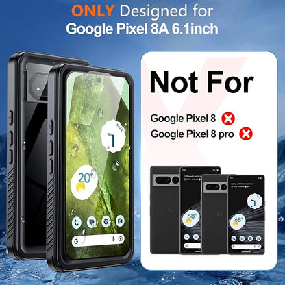 Hualele Pixel 8a Case Waterproof, Built in Lens & Screen Protector Rugged Full Body Heavy Duty Protective Shockproof IP68 Underwater Cover for Google Pixel 8a Black