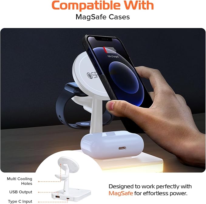 Spracht Flex Charge 4, 4-in-1 Wireless Charging Stand | 25W Fast Charger, Magnetic Connection -Works for Smartphone, Watch, Ear Buds, Qi-Enabled Devices | Nightlight, Magnetic Charging Stand (White)