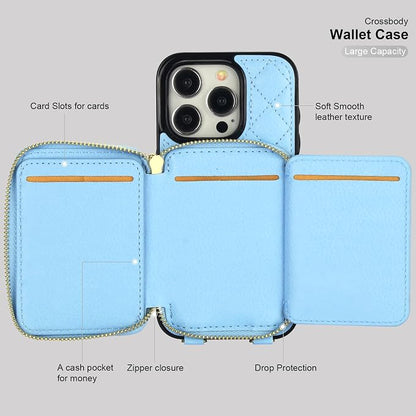 Bocasal Crossbody Wallet Case for iPhone 15 Pro, RFID Blocking PU Leather Zipper Handbag Purse Flip Cover, Kickstand Folio Case with Card Slots Holder Wrist Strap Lanyard 5G 6.1 Inch (Blue)