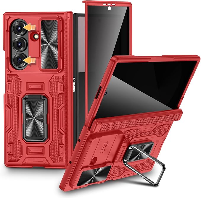 VEGO for Samsung Galaxy Z Fold 7 Case with Stand & Hinge Protection, Red | Built-in Screen Protector[Anti-Peeping][Slide Camera Cover]Hard PC Full-Body Shockproof Anti-Drop Phone Case for Z Fold 7