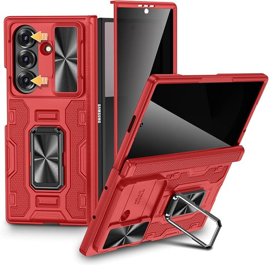 VEGO for Samsung Galaxy Z Fold 7 Case with Stand & Hinge Protection, Red | Built-in Screen Protector[Anti-Peeping][Slide Camera Cover]Hard PC Full-Body Shockproof Anti-Drop Phone Case for Z Fold 7