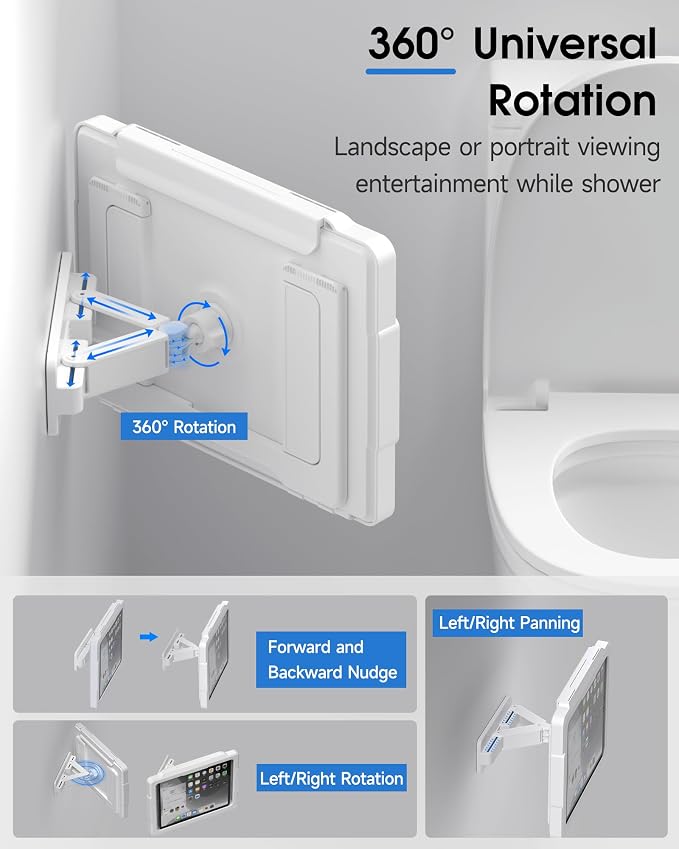 Mistriddle Shower iPad Holder Waterproof with 480° Rotation Retractable Adjustable, Wall Mount Up to 11", Shower Tablet Holder for Bathroom Bathtub, 2 Adhesive, Fit for iPad, iPad Pro 11 (White)