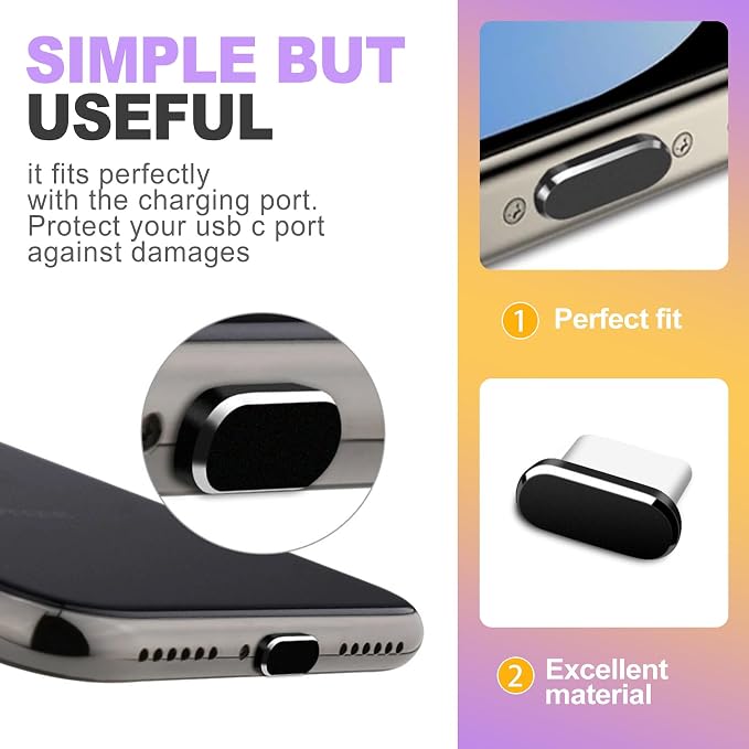5-in-1 USB C Dust Plugs and Cleaning Tool Set 4 Pack Type-C Port Protector Covers with Fine Brush for Speaker Mesh Compatible with Phones Tablets and Laptops