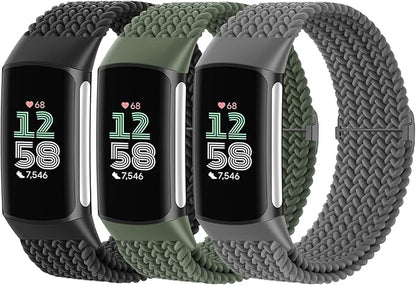 Braided Solo Loop Bands Compatible with Fitbit Charge 6/Charge 5, 3 Pack Adjustable Stretchy Wristbands Soft Woven Nylon Replacement for Fitbit Charge 5/Charge 6 Tracker Smart Watch for Women Men