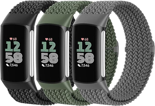 Braided Solo Loop Bands Compatible with Fitbit Charge 6/Charge 5, 3 Pack Adjustable Stretchy Wristbands Soft Woven Nylon Replacement for Fitbit Charge 5/Charge 6 Tracker Smart Watch for Women Men