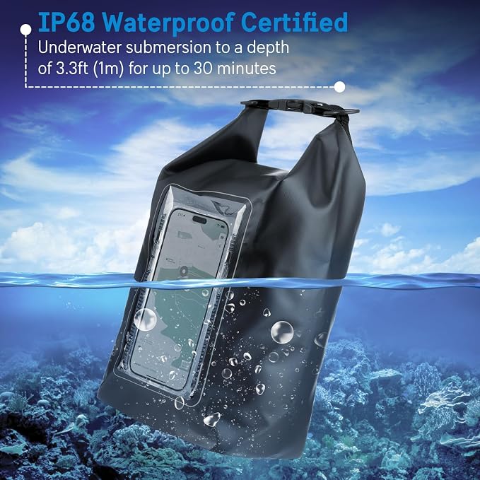 Pelican Marine IP68 Waterproof Dry Bag 5L - Roll Top Waterproof Backpack w/Phone Case/Pouch - Boating & Kayak Accessories - Essentials for Camping Swimming Beach Fishing Rafting Travel - Black