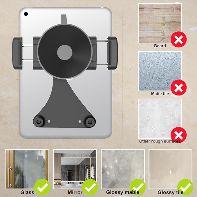 Powerful Suction Cup iPad & Tablet Wall Mount for Mirror, Glossy Tiles & Glass, Pad Holder for Bathroom, Kitchen, Gym, Yoga, Makeup, Supports extra 3 pads for 24H, Fits devices from 5.5"-12.9" (Black)