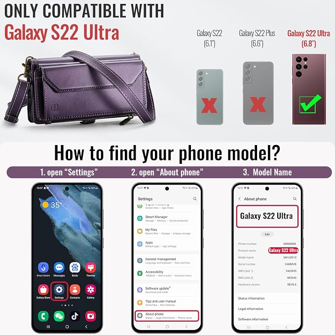 Strapurs Crossbody Wallet Case Compatible with Samsung Galaxy S22 Ultra 5G RFID Blocking 10-Card Holder Soft PU Leather Magnetic Snap Strap Zipper Pocket Phone Case Fit for Galaxy S22 Ultra - Purple
