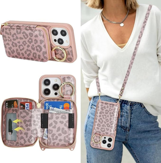 Crossbody Wallet Case for iPhone 14 pro, PU Leather Zipper Handbag Purse Flip Cover, Kickstand Folio Case with Card Slots Holder Wrist Strap Lanyard 5G 6.1 Inch-Pink Leopard