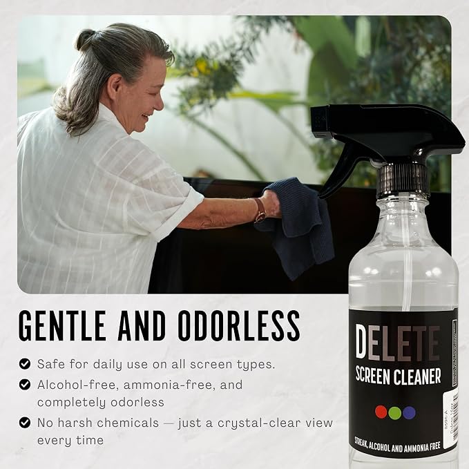 Delete Screen Cleaner Spray Kit, 2 Pack, 16oz and 2oz Bottle and 12"x12" Microfiber Cleaning Cloth, Streak-Free, Safe and Gentle Formula, Multi-Purpose for TVs, Computers, Monitors, Smart Phones