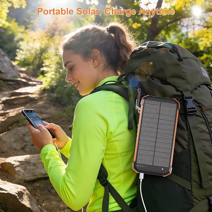 Solar Charger Power Bank 20000mAh, Wireless Fast Charging Battery Pack with 3 Built-in Cables & USB-C Input, Dual LED Flashlights, Portable Phone Charger for Camping, Travel & Emergency Use (Orange)