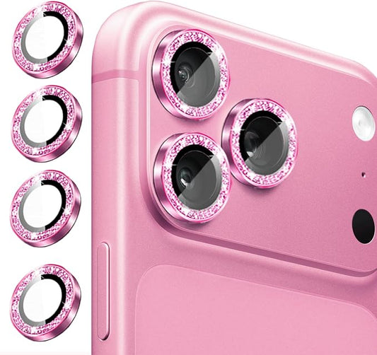 Compatible for iPhone 17/17 Pro/iPhone 17 Pro Max Camera Lens Protector Bling, Cute Sparkle Glitter Camera Cover for Women, Individual Ring, Anti-Scratch (3 Protectors + 1 Extra), Pink