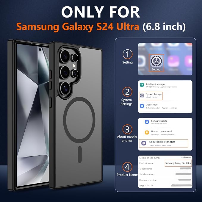 For Samsung Galaxy S24 Ultra Case [Compatible with Magsafe] Translucent Matte Magnetic S24 Ultra Phone Case,SlimThin Duty Shockproof Protection Cover with 2pc HD Screen Protector for S24 Ultra-Black