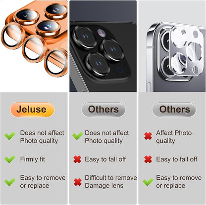Jeluse Camera Lens Protector for iPhone 17 Pro Max/17 Pro/16 Pro Max/16 Pro/15 Pro Max/15 Pro/14 Pro Max/14 Pro, 9H Tempered Glass Screen Protector Cover Alignment Kit Metal Individual Ring