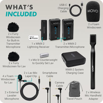 Movo WMX-2-L-Duo Dual Wireless Lavalier Microphone for iPhone/Lightning Devices with WMX-HM Handheld Adapter - Lapel Mic with Handle Mount for Content Creators, Interviews, Reporting