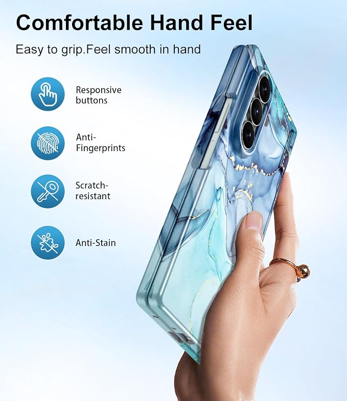Btscase for Samsung Galaxy Z Fold 7 Case,Built in Front Screen Protector,Gold Glitter Marble Pattern Hard PC Slim Shockproof Full Body Drop Protective Case for Galaxy Z Fold 7 5G, Blue Cyan