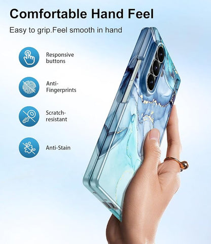 Btscase for Samsung Galaxy Z Fold 7 Case,Built in Front Screen Protector,Gold Glitter Marble Pattern Hard PC Slim Shockproof Full Body Drop Protective Case for Galaxy Z Fold 7 5G, Blue Cyan