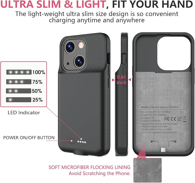 BOPPS Battery Case for iPhone 15/15 Pro【2026 New】 Ultra-Slim 7000mAh Portable Charger Case 360°Protection Rechargeable Extended Charging case for iPhone 15，iPhone 15 Pro (Black)