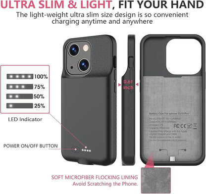 BOPPS Battery Case for iPhone 15/15 Pro【2026 New】 Ultra-Slim 7000mAh Portable Charger Case 360°Protection Rechargeable Extended Charging case for iPhone 15，iPhone 15 Pro (Black)