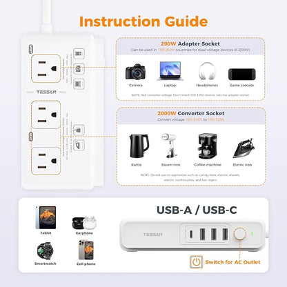 TESSAN Voltage Converter US to Europe, 220 to 110 | 4 USB Ports (1 USB C), 3 AC Outlets, EU UK AU IT IN ZA Plug Adapter, Step Down Transformer, 6 FT Cord