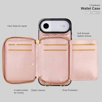 Bocasal Crossbody Wallet Case for iPhone 17 Air, RFID Blocking PU Leather Zipper Handbag Purse Flip Cover, Kickstand Folio Case with Card Slots Holder Wrist Strap Lanyard 5G 6.5 Inch (Rose Gold)