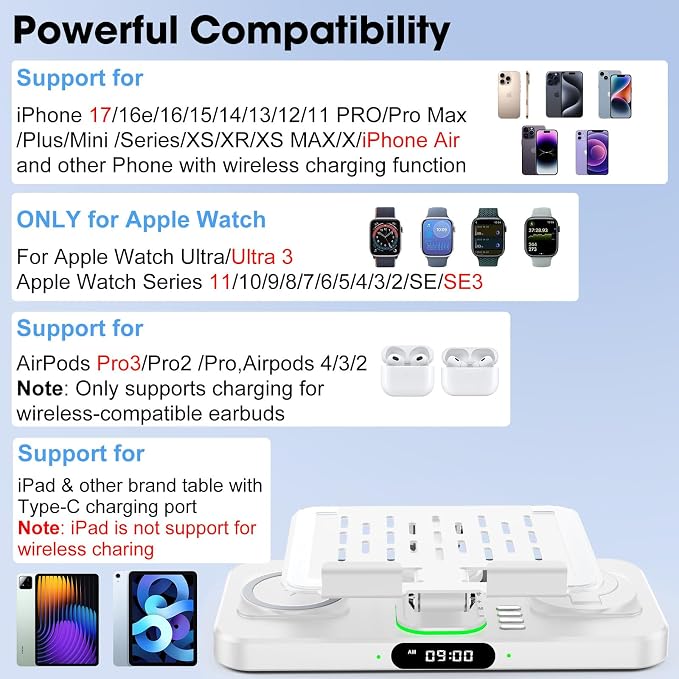 6 in 1 Wireless Charger for Apple Multiple Devices, Charging Station with Clock &7 Color Ambient Light, Foldable Rotate Stand for iPad, for iPhone17/16/15, Support for Apple Watch11/10 For AirPods4