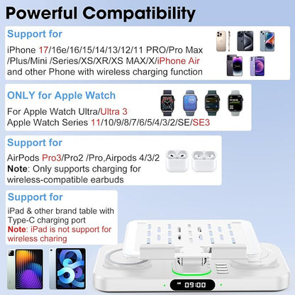 6 in 1 Wireless Charger for Apple Multiple Devices, Charging Station with Clock &7 Color Ambient Light, Foldable Rotate Stand for iPad, for iPhone17/16/15, Support for Apple Watch11/10 For AirPods4