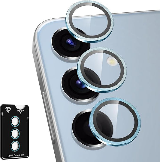 for Samsung Galaxy S24 FE Camera Lens Protector, Electroplated Matte Back with 9H Tempered Glass Lens Protector, [Strong Adsorption] [Case-Friendly] Metal Ring HD Clear Lens Cover, Blue Ring