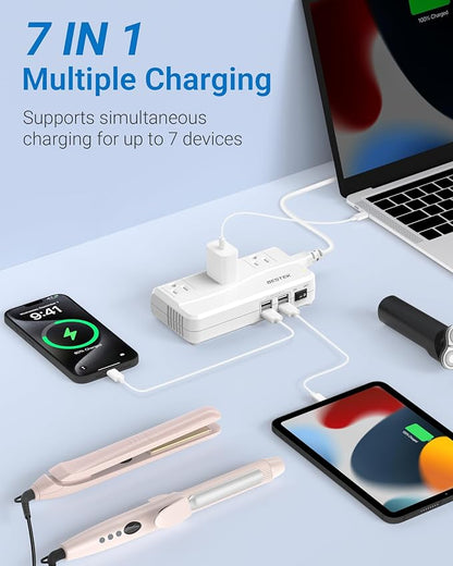 BESTEK Universal Travel Adapter 100-220V to 110V Voltage Converter 250W with 6A 4-Port USB Charging 3 AC Sockets and EU/UK/AU/US/India Worldwide Plug Adapter (White)