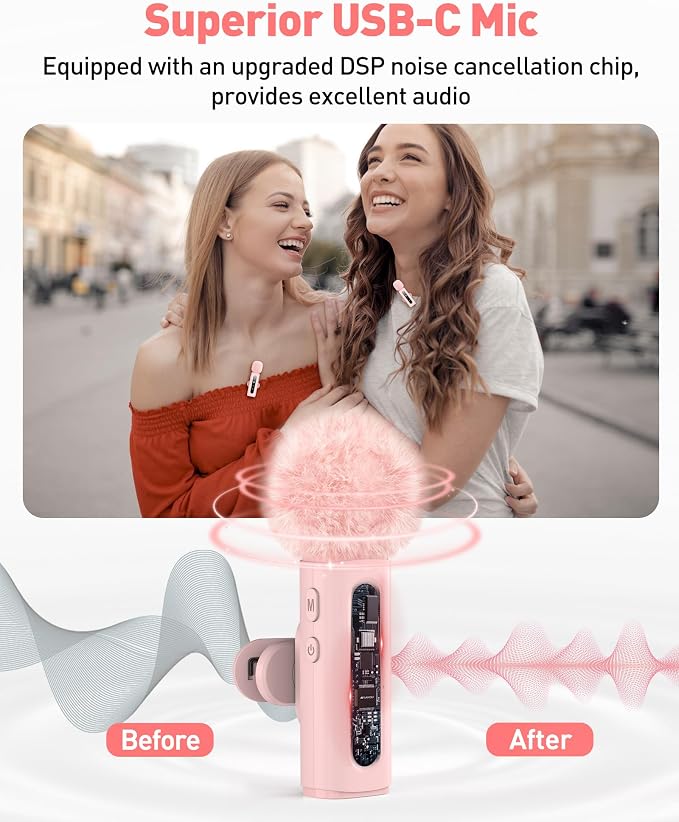USB C Lavalier Microphone Wireless Mini Mic for Type-C Android Phone/Tablet/PC Video Recording Clip-on Mics with Rotatable Clip&Denoise Recording, Ideal for Vlog Tiktok Youtube Content Creator, Pink