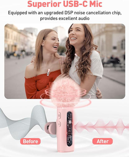 USB C Lavalier Microphone Wireless Mini Mic for Type-C Android Phone/Tablet/PC Video Recording Clip-on Mics with Rotatable Clip&Denoise Recording, Ideal for Vlog Tiktok Youtube Content Creator, Pink
