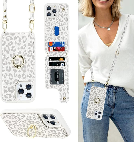 Lipvina for iPhone 13 Pro Case with Card Holder and Strap for Women,Crossbody Lanyard,RFID Blocking,Kickstand Ring Stand,Snap Clasp,Cute Phone Wallet Cases 6.1 inch(White Leopard)