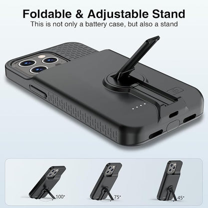 GIN FOXI Battery Case for iPhone 14 Pro Max/14 Plus/13 Pro Max/12 Pro Max, Rechargable Charging Case with Stand 8000mAh Portable Extended Case Cover for 14 Pro Max,14Plus,13/12Pro Max Black