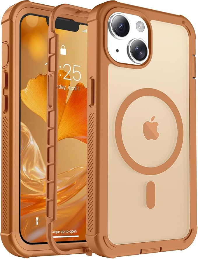 jaroco Magnetic for iPhone 13 Case, [Compatible with MagSafe][Military Grade Drop Protection][Heavy Duty Protection][Non-Slip][Shockproof] 2-Layer Durable Bumper Phone Case 6.1''-Brown