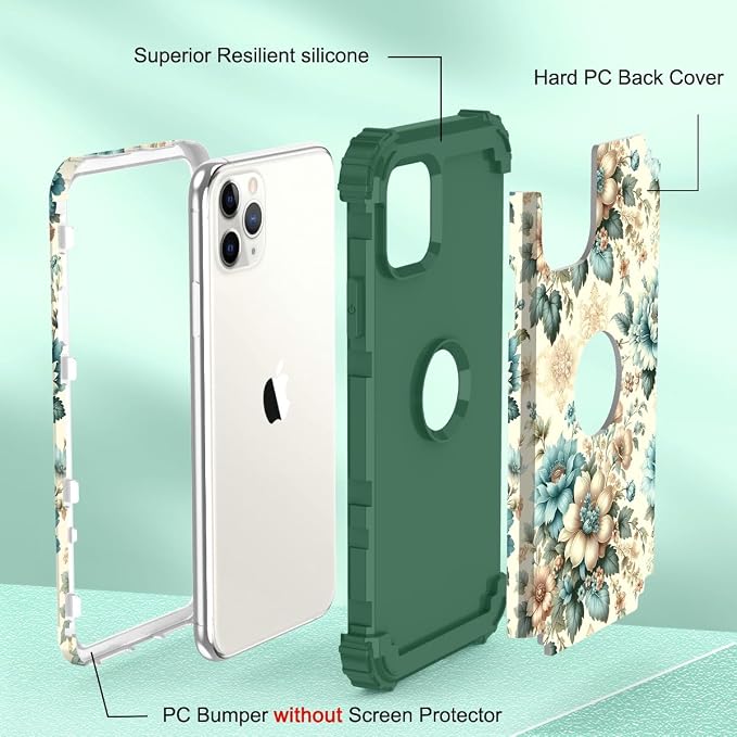 Hocase for iPhone 11 Pro Max Case, Heavy Duty Shockproof Protection Soft Silicone Rubber Bumper+Hard Plastic Hybrid Protective Case for iPhone 11 Pro Max (6.5" Display) 2019 - Teal Blue Flowers