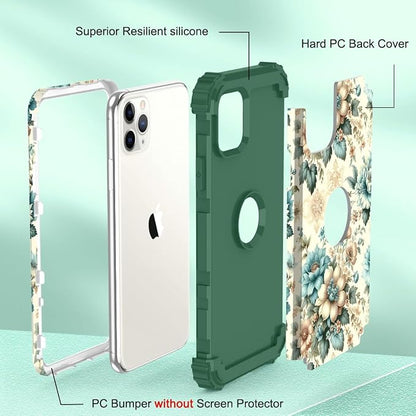 Hocase for iPhone 11 Pro Max Case, Heavy Duty Shockproof Protection Soft Silicone Rubber Bumper+Hard Plastic Hybrid Protective Case for iPhone 11 Pro Max (6.5" Display) 2019 - Teal Blue Flowers