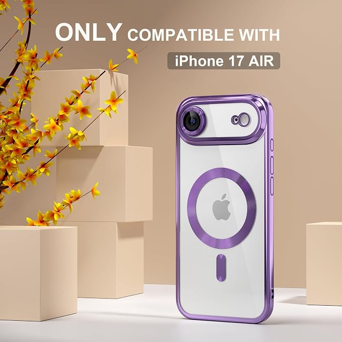 Misea Magnetic for iPhone 17 Air Case Compatible with MagSafe [Never Yellowing] [Military Grade Drop Protection] Full Camera Lens Protector Plating Soft Clear Phone Case for Women, Lavender Purple