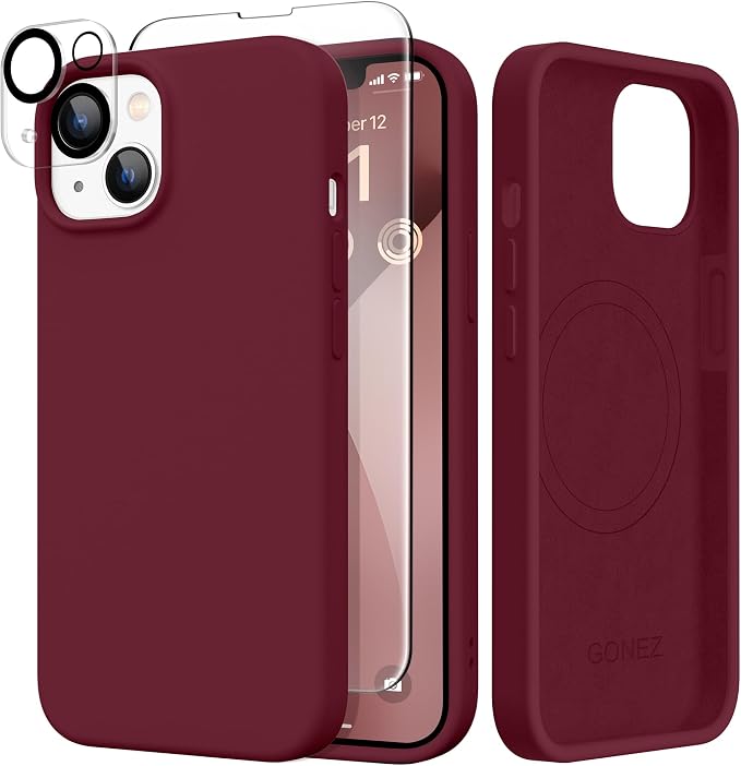 GONEZ Magnetic for iPhone 14 Case, Compatible with Magsafe, with Screen Protector + Camera Protector, Anti-Scratch Microfiber Lining, Liquid Silicone Shockproof Protective Phone Case, Maroon
