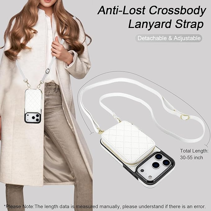 Bocasal Crossbody Wallet Case for iPhone 17 Pro, RFID Blocking PU Leather Zipper Handbag Purse Flip Cover, Kickstand Folio Case with Card Slots Holder Wrist Strap Lanyard 5G 6.3 Inch (White)
