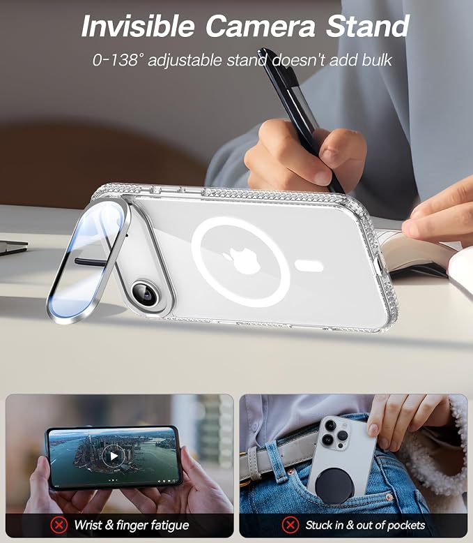 [Upgraded Full Camera Protection] for iPhone Air Case with Camera Cover Stand [Fit for MagSafe][10FT Mil-Grade Protection] Transparent Magnetic Phone Cover for iPhone 17 Air Case, Clear