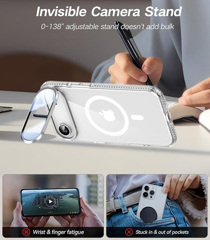 [Upgraded Full Camera Protection] for iPhone Air Case with Camera Cover Stand [Fit for MagSafe][10FT Mil-Grade Protection] Transparent Magnetic Phone Cover for iPhone 17 Air Case, Clear