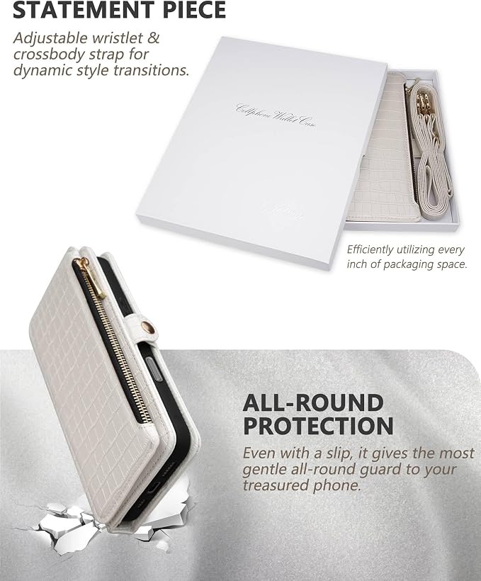 Crossbody Wallet Case for iPhone 16 Pro Max with Mirror, Wrist Strap, Zipper Purse Magnetic Flip RFID Blocking Card Holder, Wireless Charging, PU Leather Shockproof 6.9" Women (White)