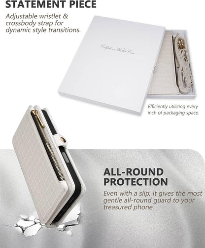 Crossbody Wallet Case for iPhone 16 Plus with Mirror, Wrist Strap, Zipper Purse Magnetic Flip RFID Blocking Card Holder, Wireless Charging, PU Leather Shockproof 6.7" Women (White)