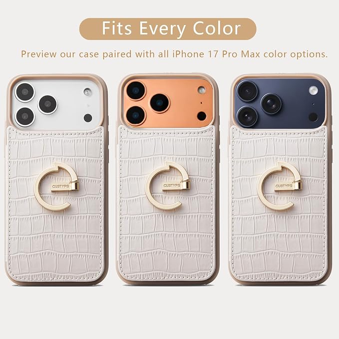 CUSTYPE Compatible with iPhone 17 Pro Max Wallet Case with Card Holder,180°Ring Holder Kickstand Card Slots Case,PU Leather Protective Case for iPhone 17 Pro Max 6.9inch-Beige